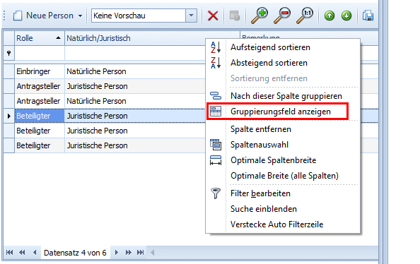 Gruppierungsfeld anzeigen